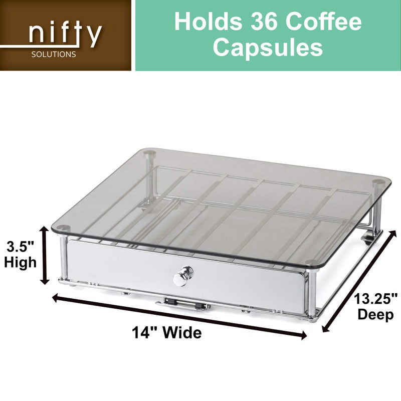 Nifty Solutions Nifty Rolling Coffee Pod Drawer - Glass Top & Chrome Finish, Compatible with K-Cups, 36 Pod Pack Holder, Compact Under Coffee Pot Storage Drawer, Slim Home Kitchen Counter Organizer - Image 4